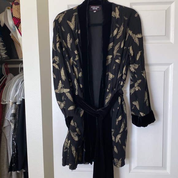 Johnny Was Workshop Open Jacket Black with Gold Feathers Velvet Trim & Pockets - Picture 2 of 10